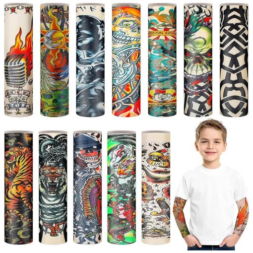 12 Pieces Tattoo Arm Sleeves for Kids Temporary Kids Tattoo Sleeve UV Sun Protection Kids Arm Sleeves ( Funny Pattern )