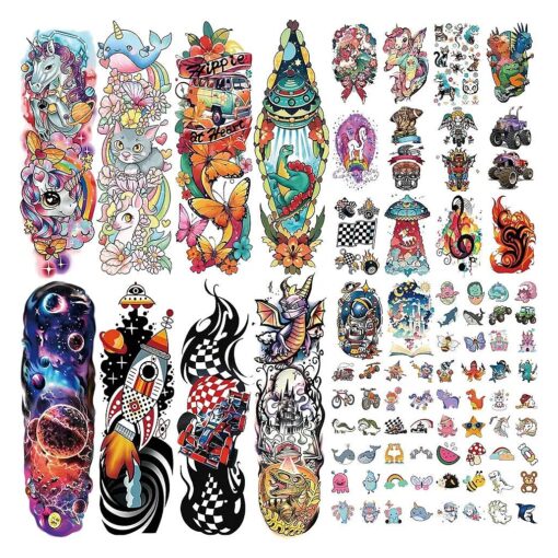 52 Pcs Temporary Tattoo for Kids Full Arm Castle Butterfly Cat Truck Dinosaur Rocket Planet Cute Animal Body Face Fake Arm Tattoos for Girls Boys Tiny Tattoo Stickers Birthday Gifts Party Supplies