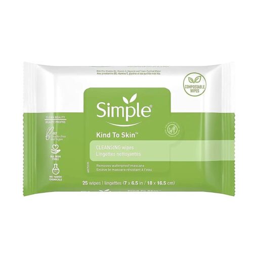 Simple Sensitive Skin Experts Kind To Skin Cleansing Facial Wipes, Waterproof Mascara Remover, Even Softer, 25 Count, ( 4 Pack )