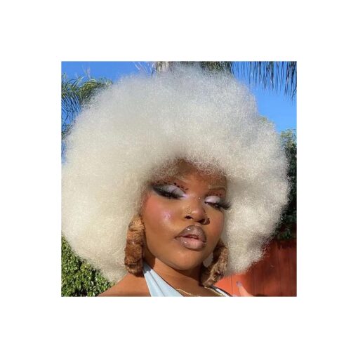 andromeda Afro Wigs for Black Women 70s White Afro Wig Short Afro Puffy Wigs for Women Bouncy and Soft Kinky Curly Wig 10 Inch Natural Looking Synthetic Wig Daily Party Cosplay Halloween Wig ( White )