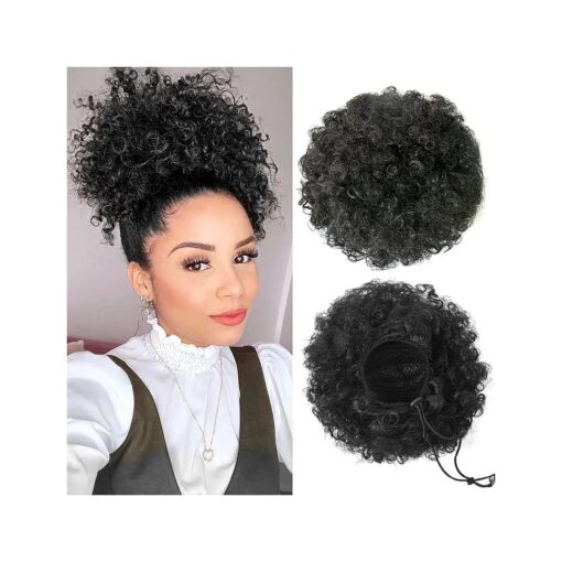 Afro Puff Drawstring Ponytail Kinky Curly Bun, Premium Synthetic Hair Short Extensions, Updo Hairpieces for Black Women Girls ( 1B Natural Black )