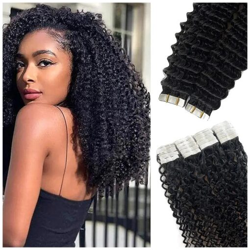 Kinky Curly Tape in Human Hair Extensions Natural Black Invisible Seamless Glue in Remy Hair Extensions Tape ins 20pcs 50g 3C Curly Hair Extensions Skin Weft Double Sided 18 inch for Black Women