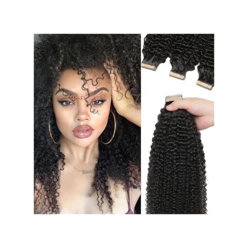 60pcs Kinky Curly Tape in Hair Extensions Human Hair, Hair Extensions Real Human Hair Tape in Seamless Tape in Hair Extensions Human Hair Black Girl Tape Ins Human Hair Extensions ( 60pcs, 18inch )