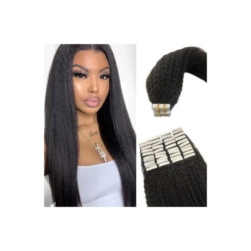 Kinky Straight Hair Extensions, OiMiGO Tape in Extensions Human Hair 40 pcs 100g Natural Black Kinky Tape ins for Black Women 18 Inch Soft Shiny Tape for Extensions Human Hair