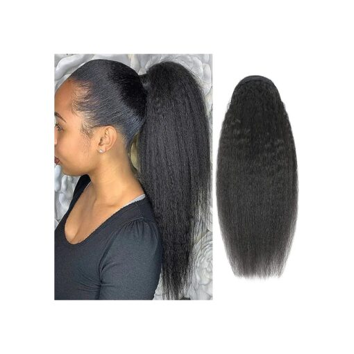 16 Inches Kinky Straight Ponytails Human Hair Drawstring Ponytail Extension Kinky Straight Clip in Pony Tail Hair Extensions for Black Women Natural Black Hair Pieces