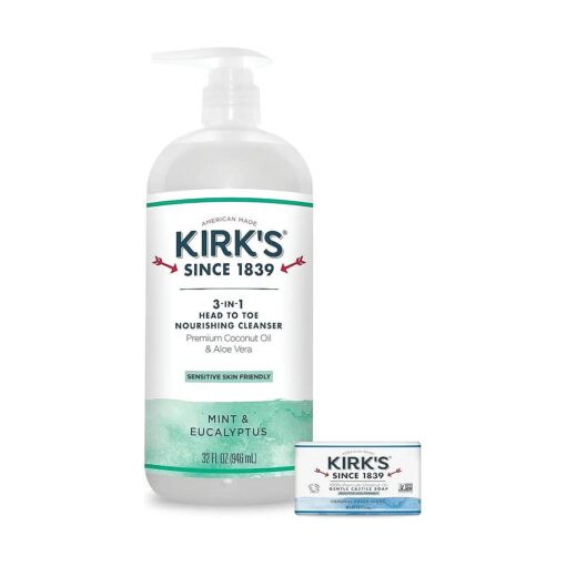 Kirk 's 3 in 1 Castile Clean Mint Shampoo Body Wash Liquid Soap Travel Size Bar Soap ( 1.13 oz, ) | Mint & Eucalyptus Scent | For Men, Women & Children | 32 Fl Oz