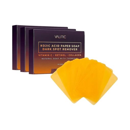 VALITIC Kojic Acid Dark Spot Corrector Paper Soap - Travel Size - 100 Portable and Dissolvable Soap Sheets - with Vitamin C, Retinol, Collagen and Turmeric - 3 Pack