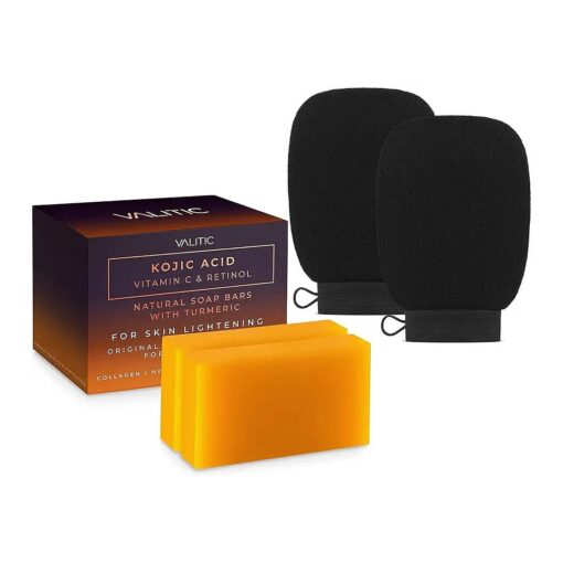 VALITIC 2 Pack Kojic Acid Vitamin C & Retinol Soap Bars for Dark Spot & A Pair Of Black Exfoliating Gloves for Body Scrubs