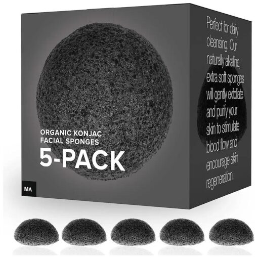 Konjac Exfoliating Organic Facial Sponge Set, Gentle daily face scrub/skincare, best bamboo activated charcoal, Safe for Oily, Dry, Combination or Sensitive skin, Makeup Remover, 5 pack