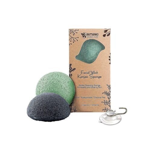 AMAKI SKINCARE Konjac Sponge Facial Cleanser with Added Green Tea and Activated Bamboo Charcoal-Sensitive to Oily and Acne Prone Skin Gentle Face Scrub, Face Sponges for Cleansing and Exfoliating