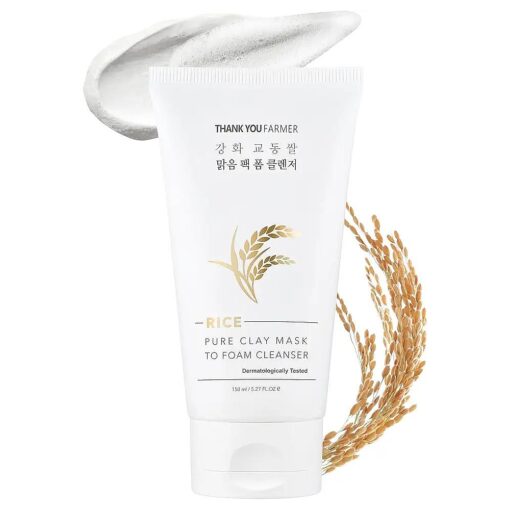 THANKYOU FARMER Rice Pure 2-IN-1 Korean Clay Mask to Foam Cleanser 5.27 fl.oz, Removes Excess Oil, Removing Dead Skin Cells, Soft Skin, Pore Purifying, Dermatologist Tested Korean Face Wash