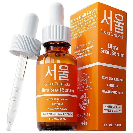 SeoulCeuticals Korean Skin Care 97.5 % Snail Mucin Serum - K Beauty Skincare Night Serum Hyaluronic Acid for Face - Centella Anti Wrinkle Serum 1oz