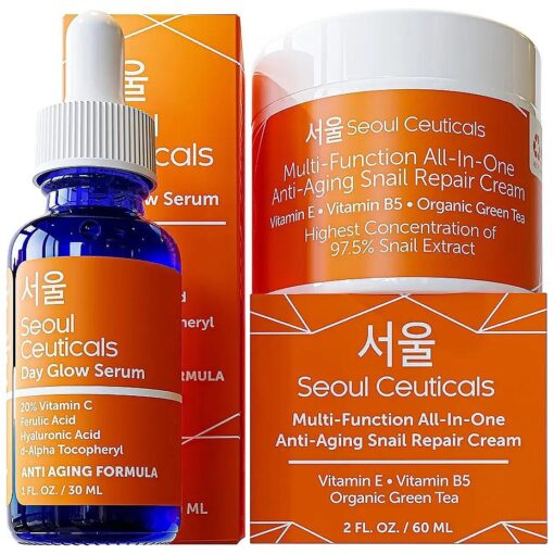 Korean Skin Care Set - Potent Vitamin C Serum with Korean Snail Repair Cream - The Most Potent Duo For Providing You With That Bright, Youthful Glow, Your Natural & Organic Korean Beauty Routine