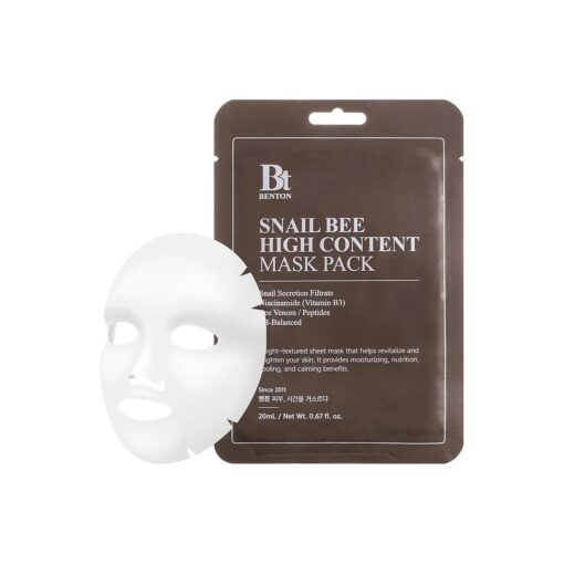 BENTON Snail Bee High Content Mask Pack ( 20g / 10 Sheets ) - Snail Mucin Face Mask With Bee Venom | Korean Skin Care Face Mask Sheets For Moisturizing, Soothing and Nourishing