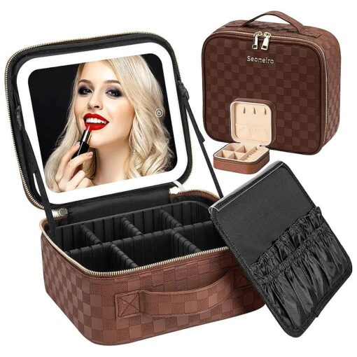 Makeup Travel Bag with LED Lighted Mirror Adjustable Brightness Portable Waterproof Makeup Case with Adjustable Dividers, Make up Train Case Organizer Makeup Brush Accessories and Tool Case