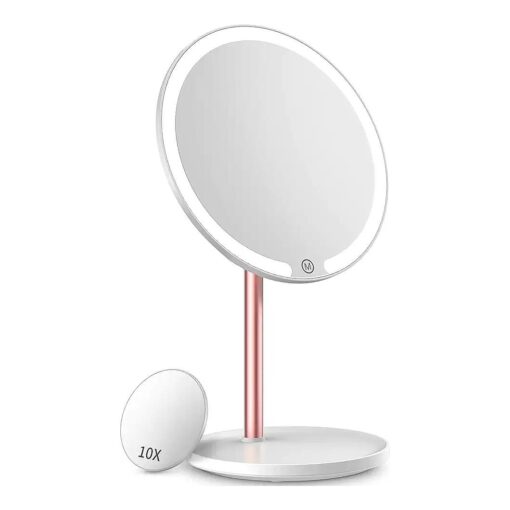 LED Lighted Makeup Mirror, Rechargeable Vanity Mirror with 10X Magnification Mini Mirror Detachable - Touch Sensor, 3 Color Lights Dimming - Portable Mirror for Travel ( White-New )