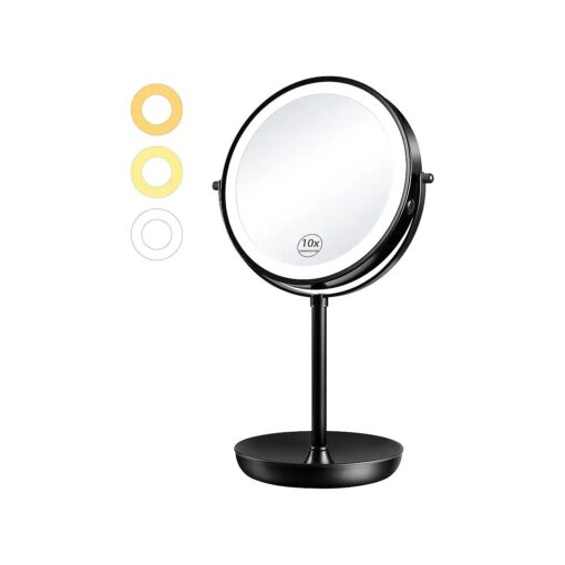 KEDSUM Rechargeable 1X/10X Magnifying Mirror with Light, 8" Lighted Makeup Mirror Double Sided Magnifying Vanity Mirror with 3 Color Lights, Brightness Adjustable, Cosmetic Mirror with Storage Tray