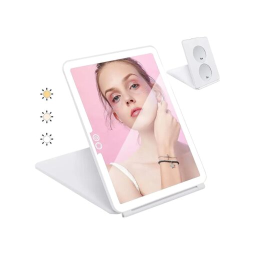 LED Light Travel Makeup Mirror, 3X 5X Magnifying Vanity Mirror USB Charge Foldable Standing Mirror Touch Screen 3 Colors Brightness Adjustable Portable Cosmetic Mirror for Travel Makeup