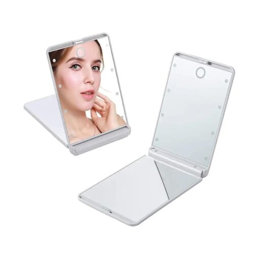 Travel Mirror, Portable LED Lighted Makeup Mirror with 8 Dimmable Led Lights, Touch Switch Travel Makeup Mirror, Folding Compact Mirror 1X & 2X Magnification ( White )