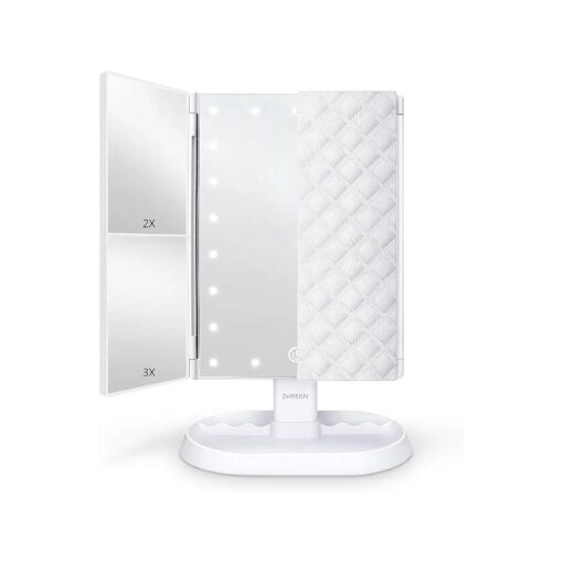 deweisn Trifold Lighted Vanity Makeup Mirror with 21 LEDs Lights,1x/2x/3x Magnification and Touch Screen Dimming, Two Power Supplies Makeup Mirror, Gift for Women