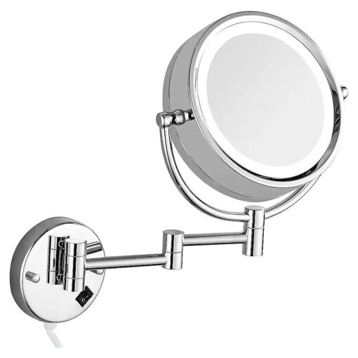 Wall Mount Makeup Mirror with Light LED Lighted 10X Magnification 9 inches, Double Sided, Powered by Plug 360 Swivel, Chrome Finished, 13 Inch Extension, Electric Plug in