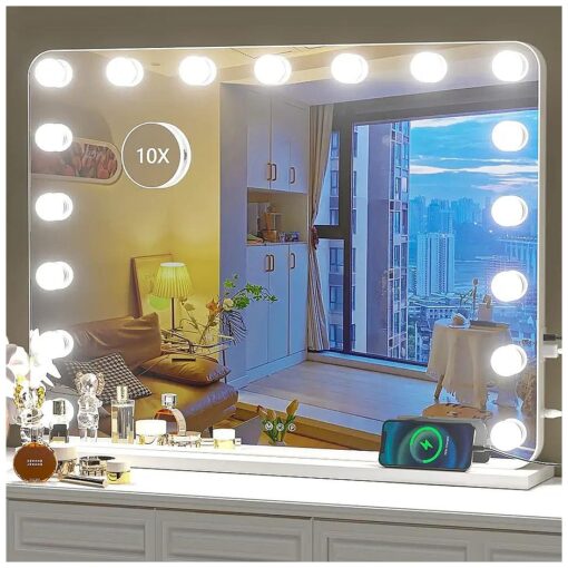 Hasipu Vanity Mirror with Lights, 31.5" x 23.6" Hollywood Mirror, Makeup Mirror with 17 Dimmable Bulbs and 10X Magnification, 3 Colors Modes, Touch Control, USB Charging Port, Type-C, White