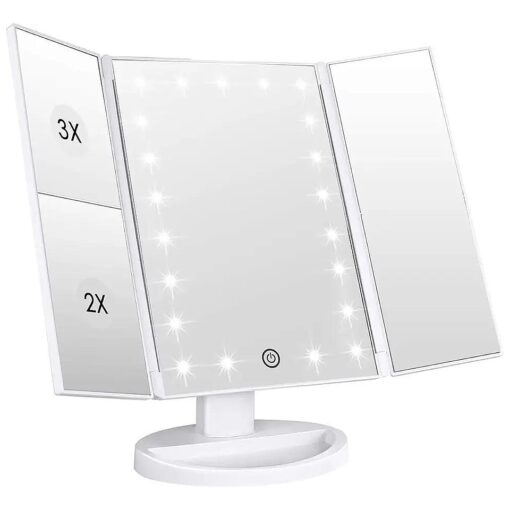 WEILY Makeup Vanity Mirror with LED Lighting and Touch Screen, Tri-Fold 1x 2X 3X Magnification,180deg Adjustable Rotation, Battery and USB Powered, Countertop Cosmetic Mirror ( White )