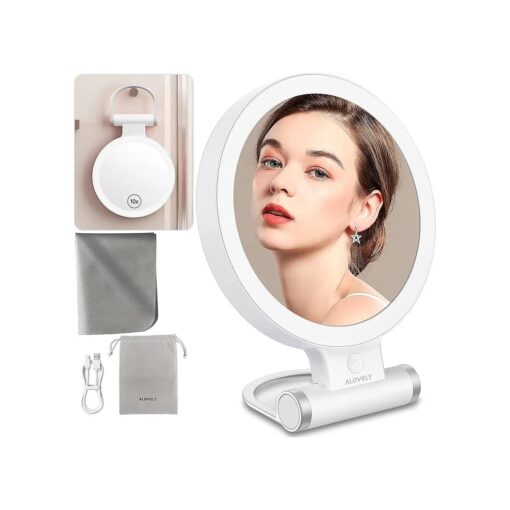 Travel Magnifying Mirror with Light, Lighted Makeup Mirror with 1X/10X Magnification Portable LED Vanity Mirror with 3 Color Lighting Brightness Dimmable Round Mirror for Home