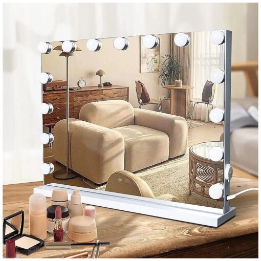 Hollywood Vanity Mirror with Lights, 15 Dimmable LED Bulbs 3 Color Lighted Makeup Mirror with Detachable 10X Magnification Mirror, Tabletop or Wall-Mounted, Touch Control