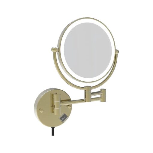 Fixsen 8 Inch LED Wall Mount Two-Sided Magnifying Makeup Vanity Mirror 12 Inch Extension Brushed Gold 1X/10X Magnification Plug 360 Degree Rotation Waterproof Button Shaving Mirror