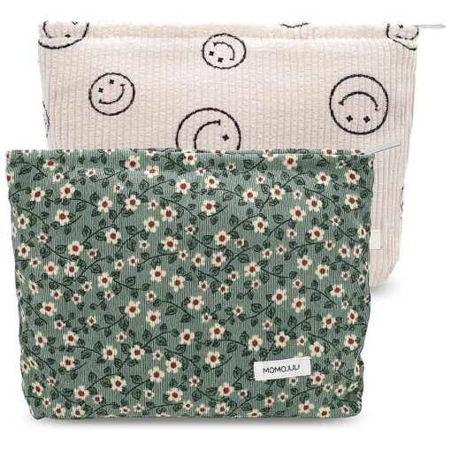 Corduroy Makeup Bag Cosmestic Bag Large Capacity Ladies Women Aesthetic Make Up Organizer Accessories Zipper Pouch Purse ( Beige+Green Flowers )