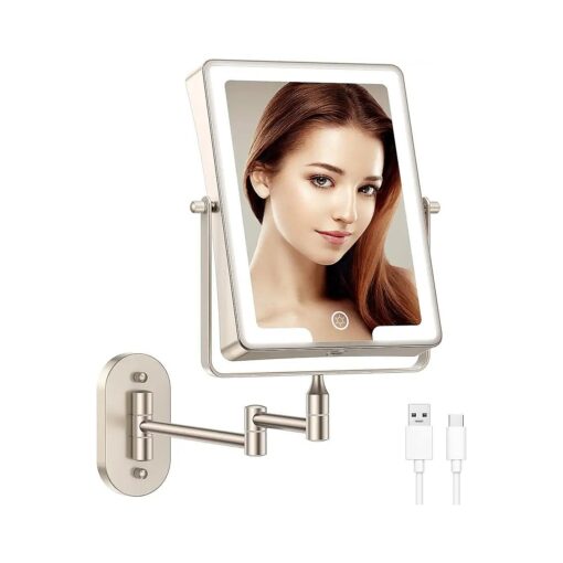 FASCINATE Rechargeable Wall Mounted Makeup Mirror, Bathroom Mirror Rectangle 8.7 Inch Double Sided 1X 10X Magnifying, 3 Color Setting, Extended Arm 360deg Swivel Foldable Nichel