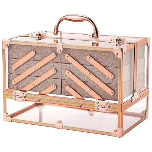 FRENESSA Makeup Train Case 11.8 Inch Acrylic Large 6 Tray Large Makeup Organizer Case Portable Cosmetic Storage Box for Makeup Artist Jewelry Nail Kits Crafts Beauty Makeup Display Case Rose Gold