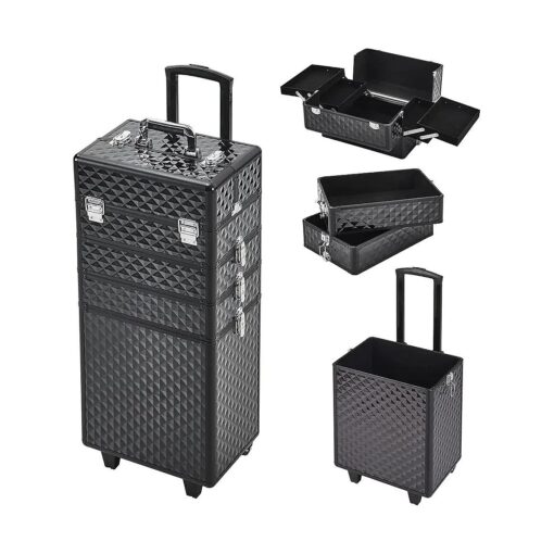 Qivange 4 in 1 Aluminum Professional Makeup Trolley Vanity Case for Artists Beautician Extra Large Travel Jewellery Box Train Case w/ 2 Wheels ( Black )