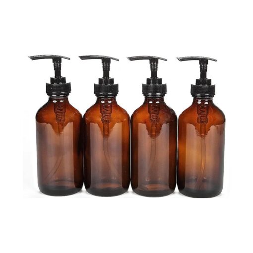 Vivaplex, 4, Large, 8 oz, Empty, Amber Glass Bottles with Black Lotion Pumps