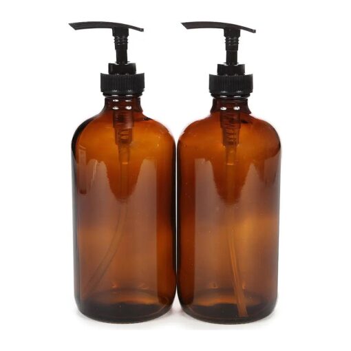 Vivaplex, 2, Large, 16 oz, Empty, Amber Glass Bottles with Black Lotion Pumps