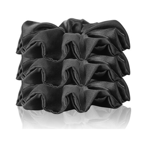 3 Pack Large Silk Satin Scrunchies for Women -Soft Stylish Silk Hair Scrunchies Hair Bands Hair Ties Ropes for Women and Girls Hair Accessories ( Black )