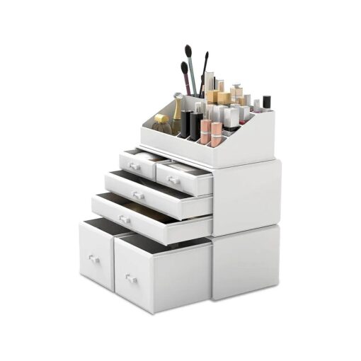 READAEER Makeup Organizer 3 Pieces Cosmetic Storage Case with 6 Drawers ( White )