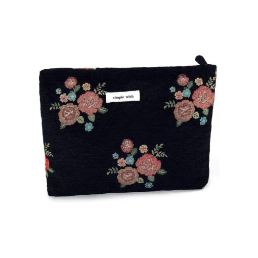 Makeup Bag Travel Cute Black Vintage Flower Floral Cosmetic Bags for Women Large Embroidery Makeup Pouch Zipper Cosmetic Pouch for Purse Aesthetic Makeup Organizer Bag Portable Toiletry Bag