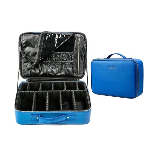 Makeup Case, Large Capacity Makeup Bag Professional Train Case with Adjustable Dividers, PU Leather Portable Travel Cosmetic Organizer Box 16.1 inches, Blue