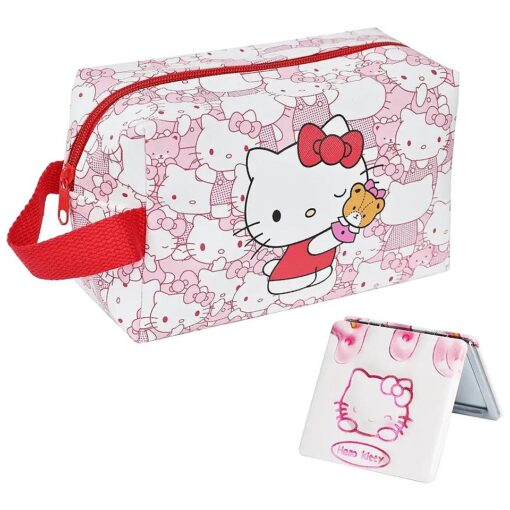 kitty Travel Cosmetic Bag, Large Capacity Cartoon Cosmetic Pouch Makeup Bag with Zipper, PU Travel Toiletry Bag Makeup Accessories Organizer, Foldable Storage Bag Makeup Pouch for Girls