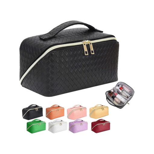 ZAUKNYA Makeup Bag - Large Capacity Travel Cosmetic Bag, Portable Leather Waterproof Women Travel Makeup Bag Organizer, with Handle and Divider Flat Lay Checkered Cosmetic Bags ( Black )