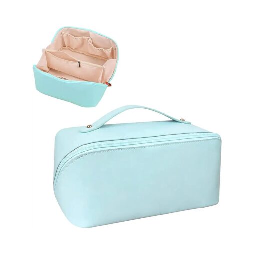 Large-Capacity Travel Cosmetic Bag, Portable Makeup Bag Opens Flat, PU Leather Double-layered Waterproof Multifunctional Storage Organizer Bag for Skincare Cosmetics Toiletries, Blue