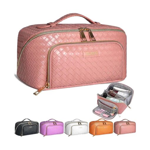 ZAUKNYA Large Capacity Travel Cosmetic Bag, Makeup Bag for Women Leather Waterproof Portable Pouch Open Flat Make Up Bag Organizer with Divider and Handle Travel Makeup Bag ( ZZP-Pink )