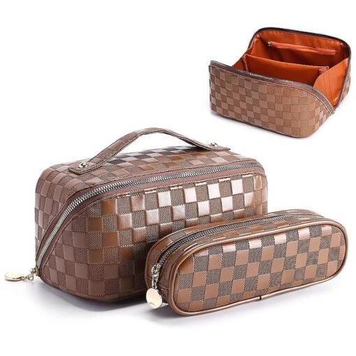 2 Pcs Waterproof PU Leather Checkered Makeup Bag, Large Capacity Travel Cosmetic Bag - Portable Makeup Bags for Women, Lightweight Design and Waterproof Toiletries Bag for Cosmetic, Brown