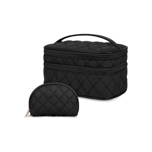 NUBILY Makeup Bag Portable Travel Cosmetic Bag with Handle Large Double Layer Toiletry Bag 2Pcs Waterproof Make Up Bag for Women and Girls, Black