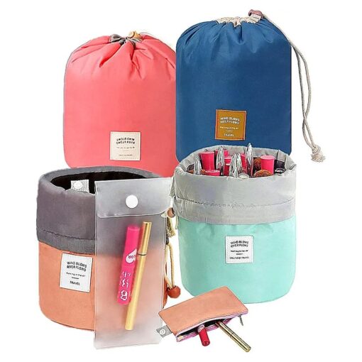 4 Packs Travel Organizer Bag Large Capacity Waterproof Travel Portable Fashion Drawstring Cosmetic Bag, Lightweight Multifunctional Barrel Shaped Storage Bag