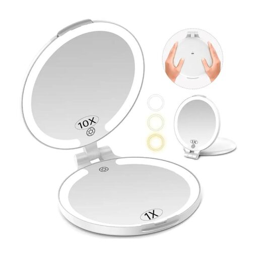 FUNTOUCH 7" Travel Makeup Mirror with Lights 10X Magnifying, 3 Color Portable Double Side Vanity Mirror with Rechargeable for Travel Essential, Gifts for Women