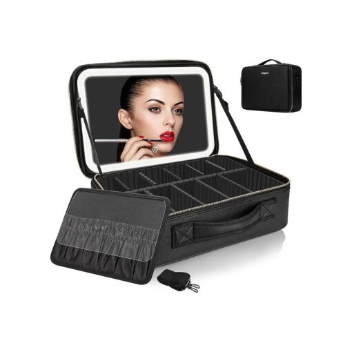 14.6" X 10.3" Large Makeup Case Black with Lighted Up Mirror, Professional Travel Vanity Cosmetic Train Bag with LED Light, 3 Colors Light and Adjustable Brightness Makeup Case for Women Girls