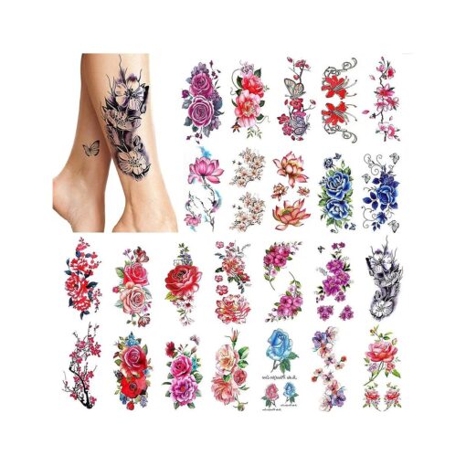 PHOGARY 24 pieces Women Temporary Tattoos ( Large Flowers ), Bright Colored Fake Tattoo Stickers ( Water Transfer ), Waterproof Body Art Sticker for Girls Arms Legs Shoulder Back